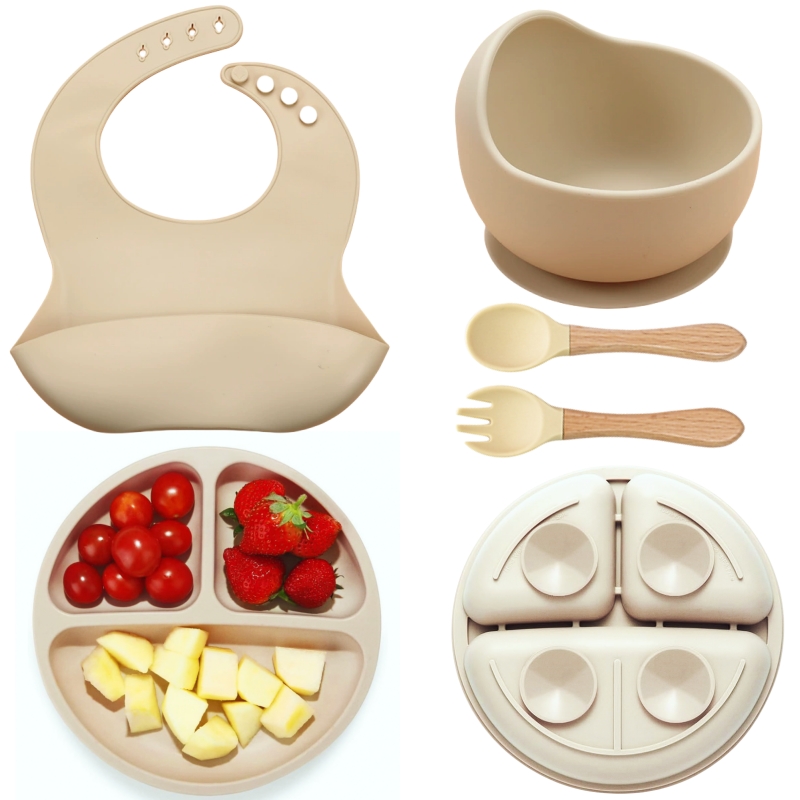 Baby Food Dinner - ชุดอาหารเด็กซิลิโคน 5 ชิ้น ปลอดภัยและนุ่มนวล ชุดภาชนะสำหรับเด็กเล็ก ชามพร้อมจุกดูด